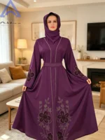 Jalaba musulmane pour femme, ensemble 3 pièces, robe Abaya saoudienne scintillante à fleurs et strass, style chauve-souris, robe africaine pour l'Aïd, Hijab, Borkha, tuniques élégantes de soirée 1