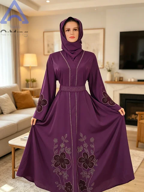 Jalaba musulmane pour femme, ensemble 3 pièces, robe Abaya saoudienne scintillante à fleurs et strass, style chauve-souris, robe africaine pour l'Aïd, Hijab, Borkha, tuniques élégantes de soirée 1
