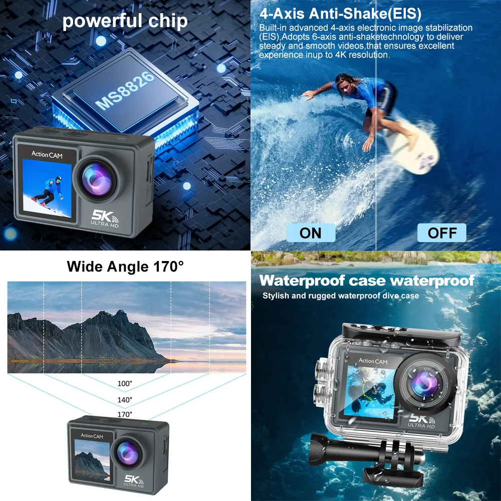 5K Action Camera 4K60FPS Dual IPS Touch LCD DVR EIS 170° 30M Waterproof 5X Zoom Sport Camera With Wireless Mic&Remote Control 3