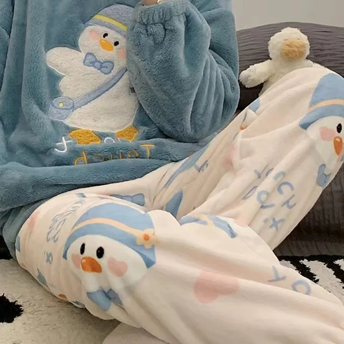 Bear Print Pajama Pants Casual Home Trousers For Winter Women Girls Sweat Cute Cartoon Homewear Y2K Loose Thick Fannel Sleepwear