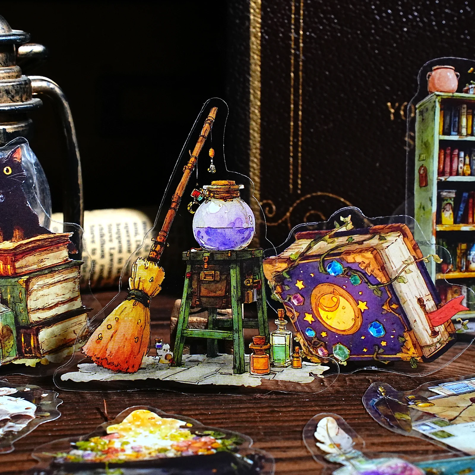 에토리 라이프 스타버스트 마법 도구 레트로 귀여운 마법 아이템 패턴 스티커 팩 DIY 스크랩북 용품, 마법 애호가, 사진 앨범, 방 장식, 어린이 선물 종이 가방, 학생 문구류, 장난감 스티커, 다이컷 공예