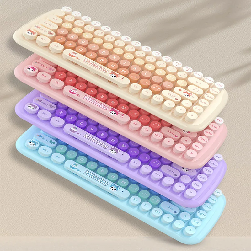 2.4G 무선 키보드 마우스 콤보 84 키, 다채로운 레트로 라운드 키캡, 노트북 및 데스크탑용 귀여운 무선 키보드 마우스 세트