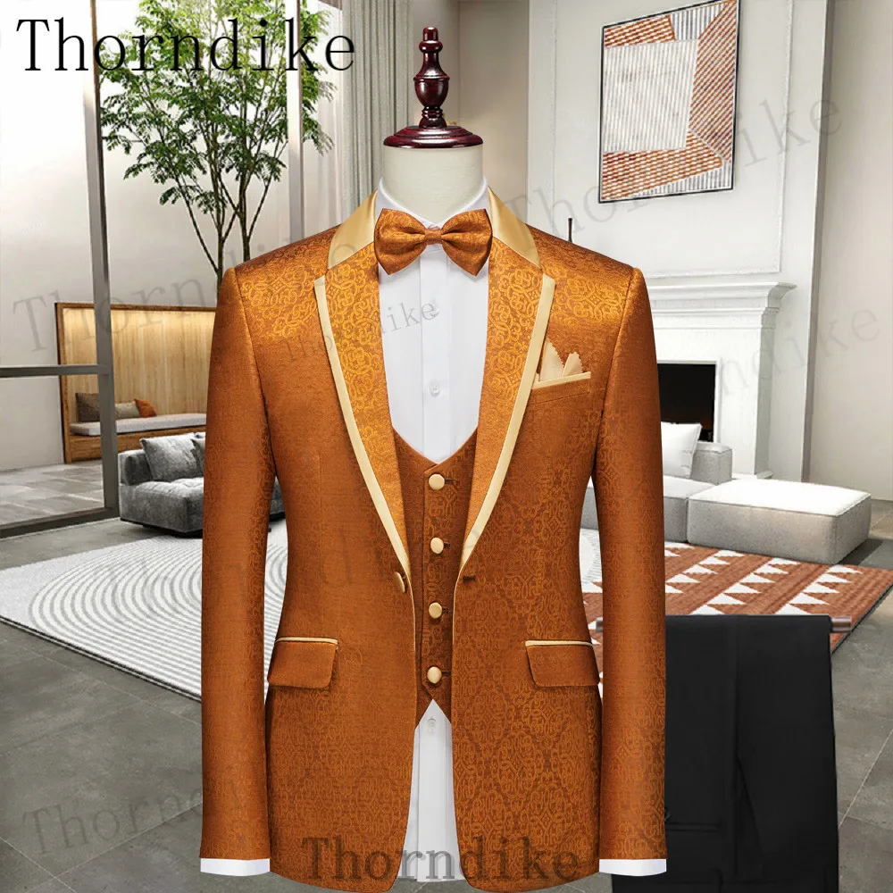 Thorndike Orange Mens Suits 3 Piece Casual Tuxedos for Wedding Groomsmen Suits Men 2022 (Blazer+Vest+Pant)