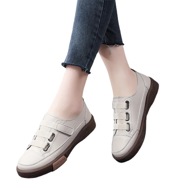 

Handmade Genuine Leather Women Soft Soled Sneakers Hook & Loop Skate Shoes Ladies Girl Student Vulcanized Flats Hollow Loafers