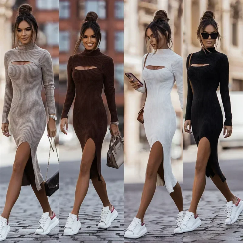 

NMZM sexy tight fitting dress elegant casual tight fitting long sleeved high necked knitted hollow midi dress ribbed midi sweate