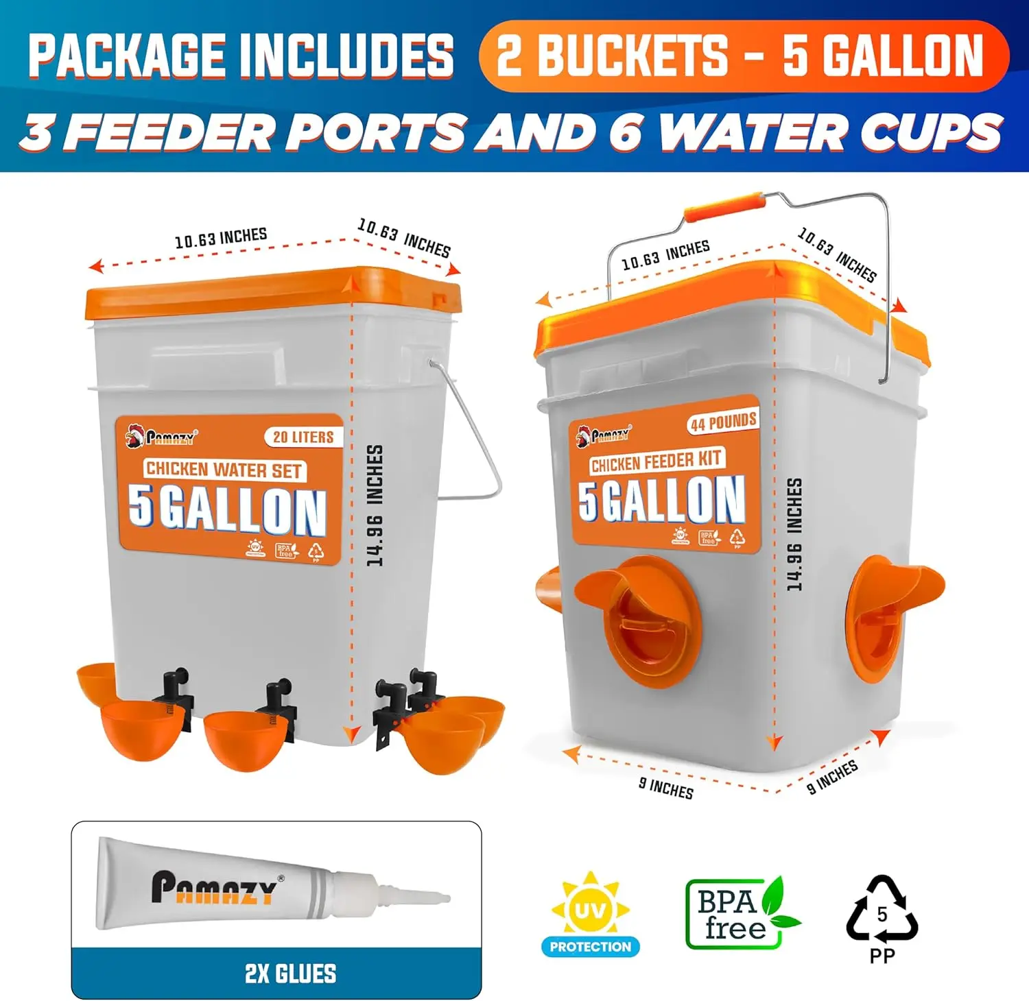 5-Gallon/44 Pounds Automatic Chicken Feeder & Waterer Set(2 Buckets), Chicken Feeder Port & Water Cup No Waste, Rain Proof 4