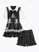 Japanese Sweet Cute Bow Short Sleeve Doll Collar Lace Fungus Lace Ribbon Slim Cake Lolita Pink Plaid Dresses Shorts Suits Women - Image 5