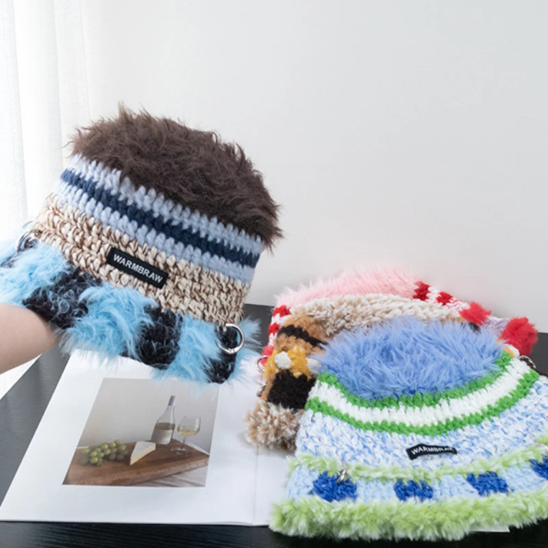 

New Handmade Crochet Wool Fisherman Hat Casual Fashion Knitted Striped Bucket Hat Colorful Line Contrast Retro Warm Adult Cap