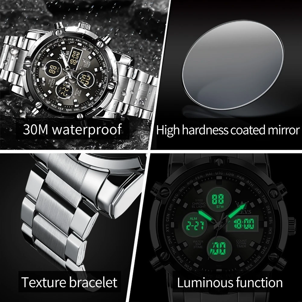 OLEVS 1106 Sport Digital Watch Gift Stainless Steel Watchband Round-dial Wristwatch Week Display Calendar Luminous Alarm 4
