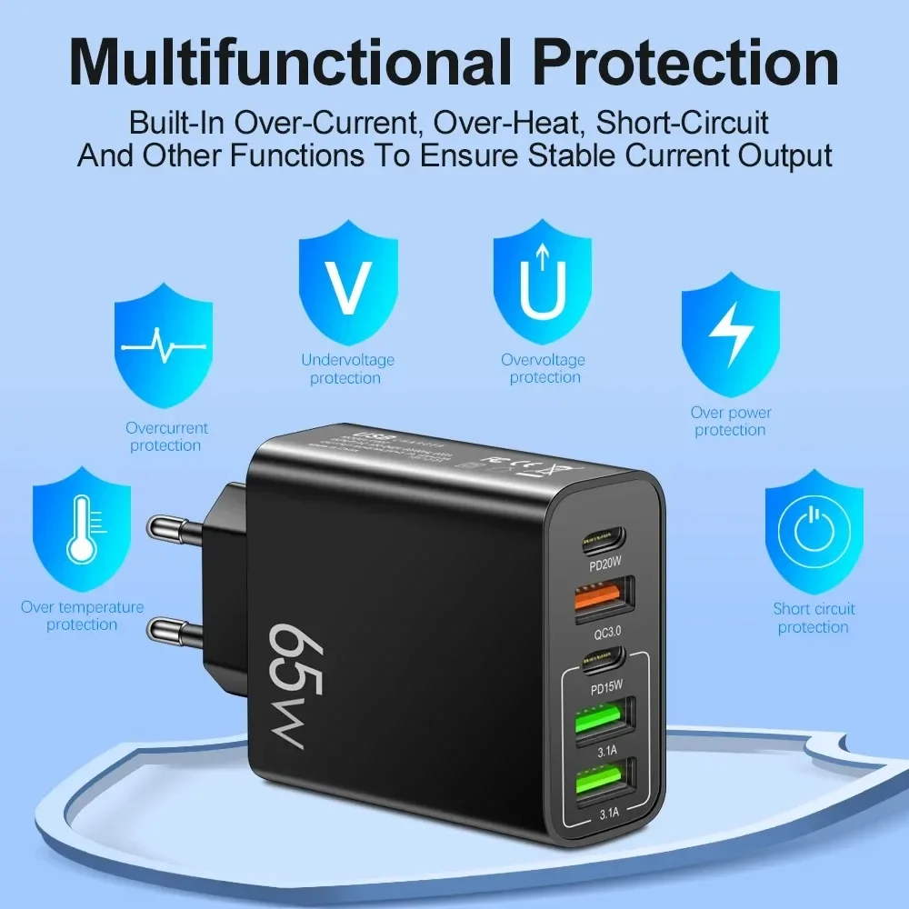 65W 5 Ports USB C Charger Fast Charging Phone Charger thumbnail 9
