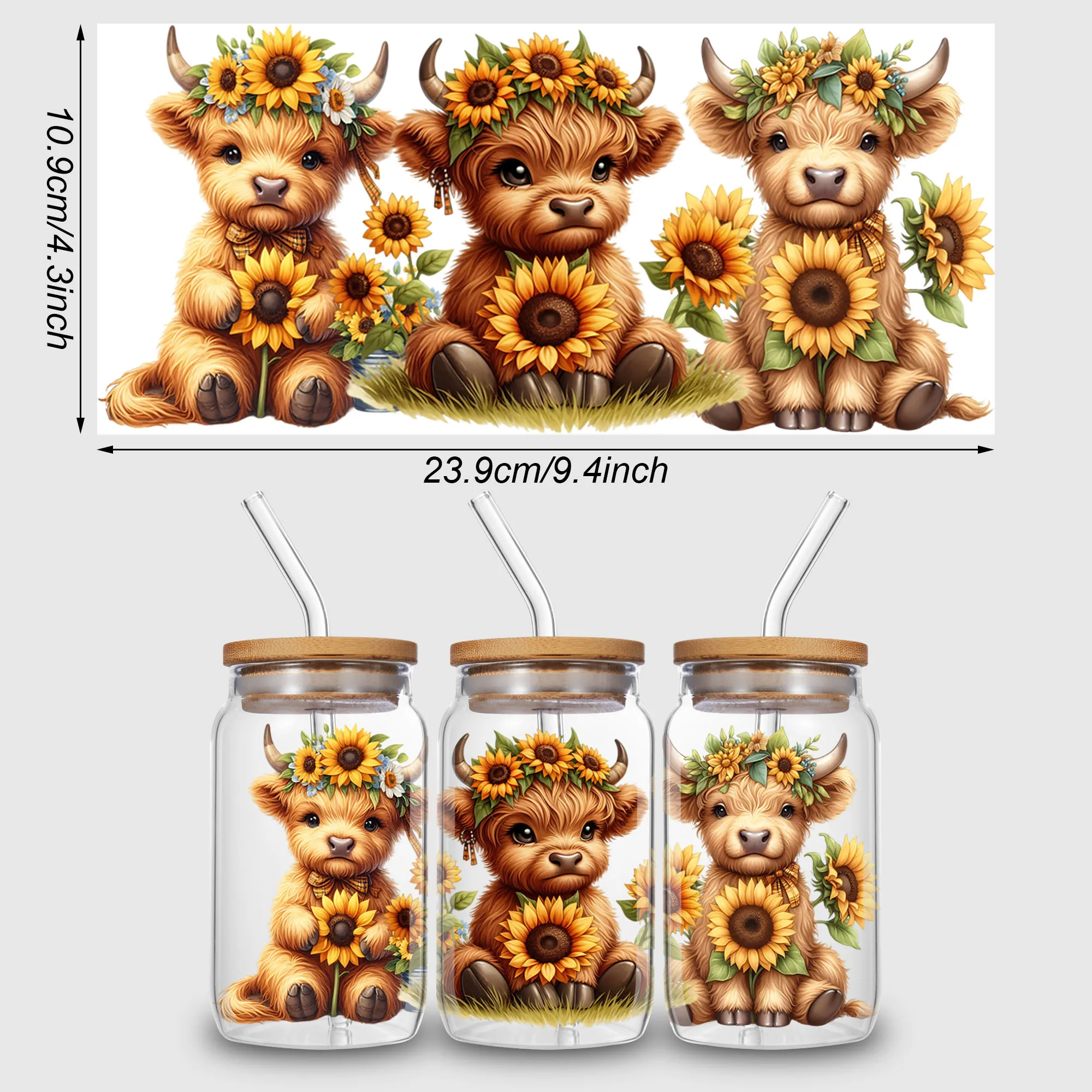 5 Sheets Cow Sunflower UV DTF Cup Stickers Glass Movement DTF Transfer Stickers Waterproof Wipe-On Transfers sticker cups,uv dtf wrap transfer
