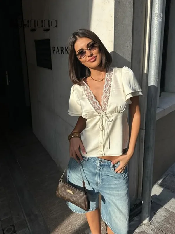 Ahagaga Causal Women Tops Solid Lace -Neck Short Sleeves Satin Slim Button...