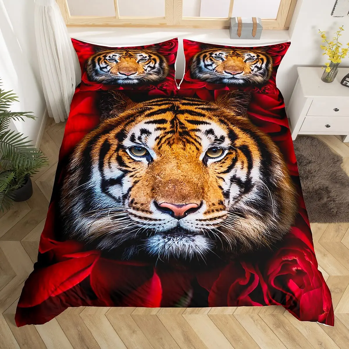 King Queen Duvet Cover Africa Big Cat Flower Bedding Set for Teen Adult Animal 2/3pcs Polyester Quilt Cover White Tiger Red Rose