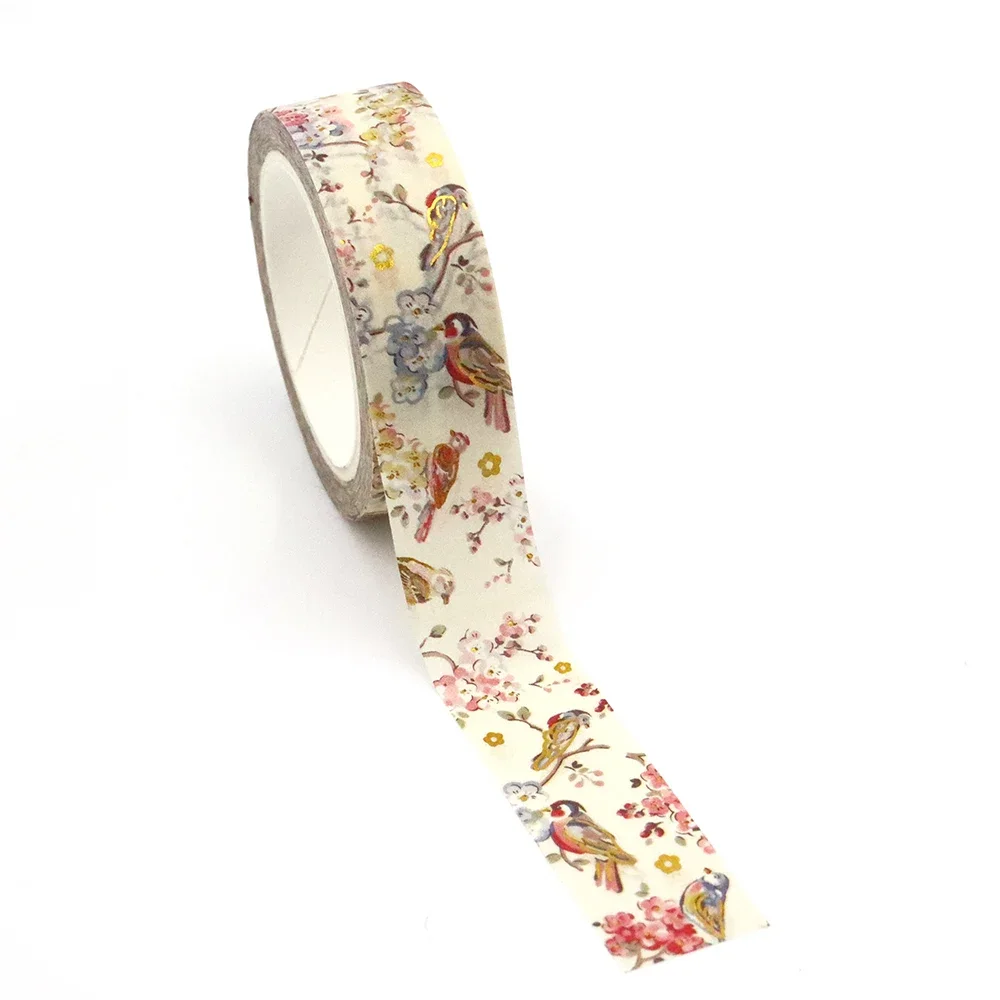 

NEW 1PC 15mm x 10m Gold Foil Spring Bird Floral Masking Adhesive Washi Tapes office supplies stationary tape stickers