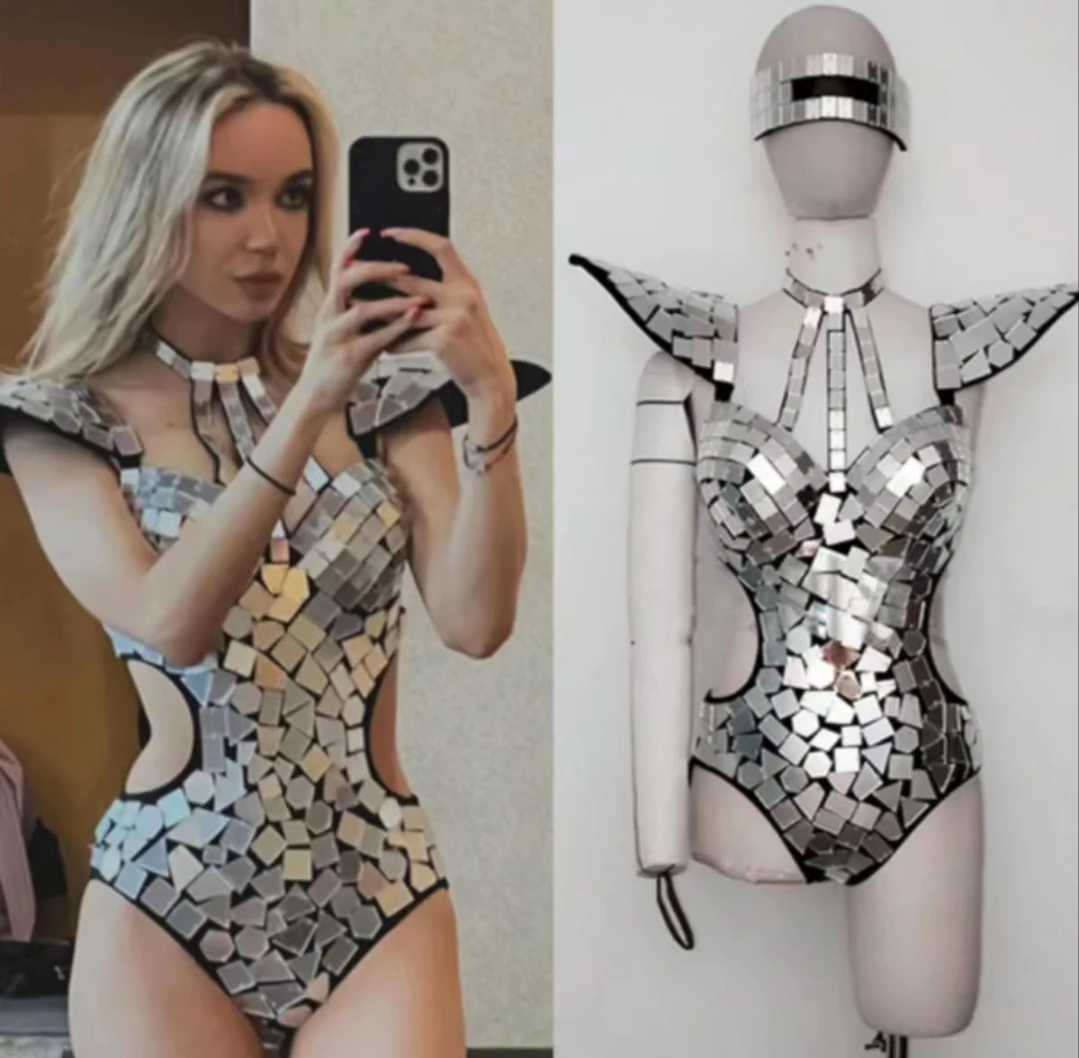 

Mirror Bodysuit Women Dance Costume GoloSilver Sequins Fly Shoulder Hollow Out RaveOutfit Stage Performance Clothes Goo Show