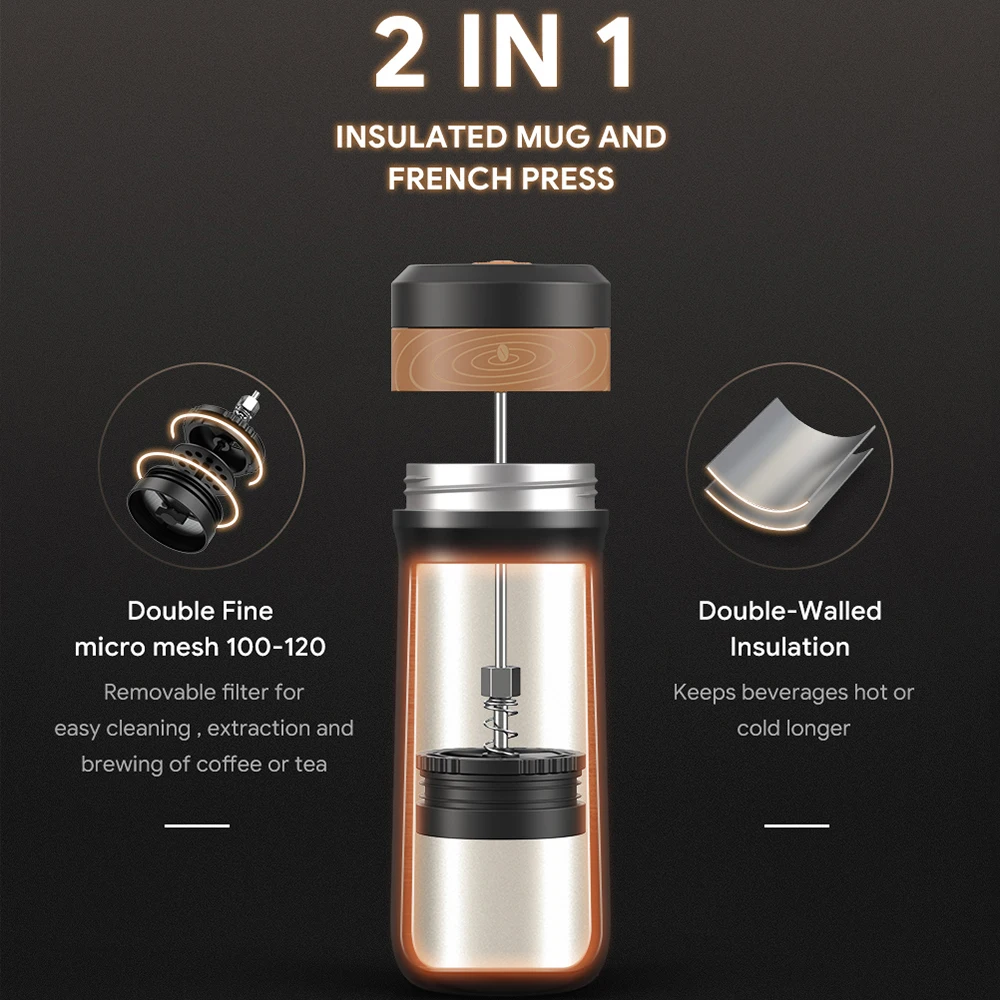 Yeesam Art Mini French Press Coffee Maker 12 oz , Small French Press 350  ml, Camping Coffee Press, Heat Cold Coffee Brewer with Spoon and Brush  (Luxury Style) 