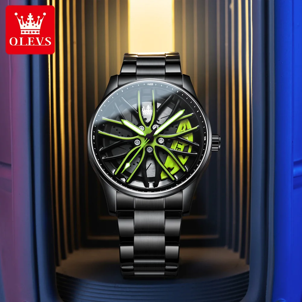 OLEVS Sports Car Rim Men's Watches Luxury Rotary Wheel Dial Luminous Waterproof Classic Quartz Wristwatch Top Brand Reloj Hombre
