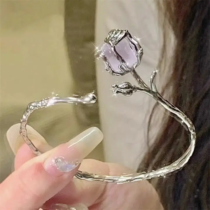 HEHORANG* 925silver★ Achid ブレスレット 韓国アイドル Kpop Irregular Purple Rose Bracelet For Women Silver Color