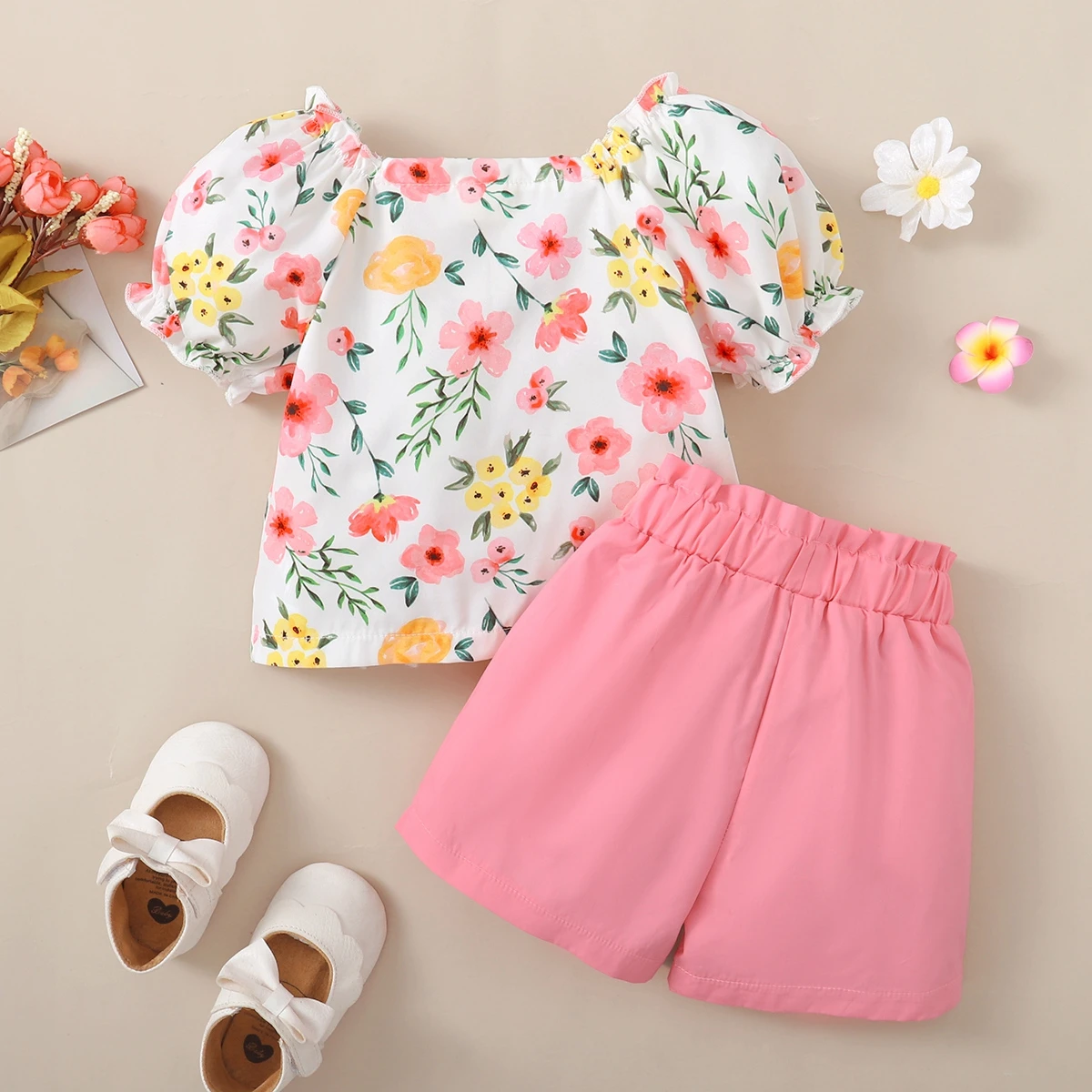 hibobi Toddler Girl Casual Floral Puff Sleeve Top Shorts Eleguard Suit baby boy clothing sets