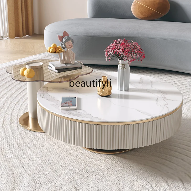 

zqMultifunctional Rotating round Stone Plate Coffee Table Living Room Home Glass Petals French Style