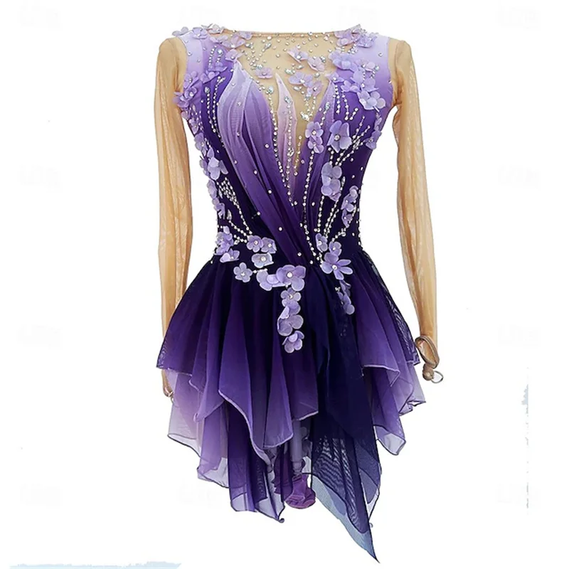 

Платье для фигурного катания, женское платье для катания на коньках, фиолетовое окрашенное ореолом, высокая эластичность, профессиональное соревнование, катание на коньках