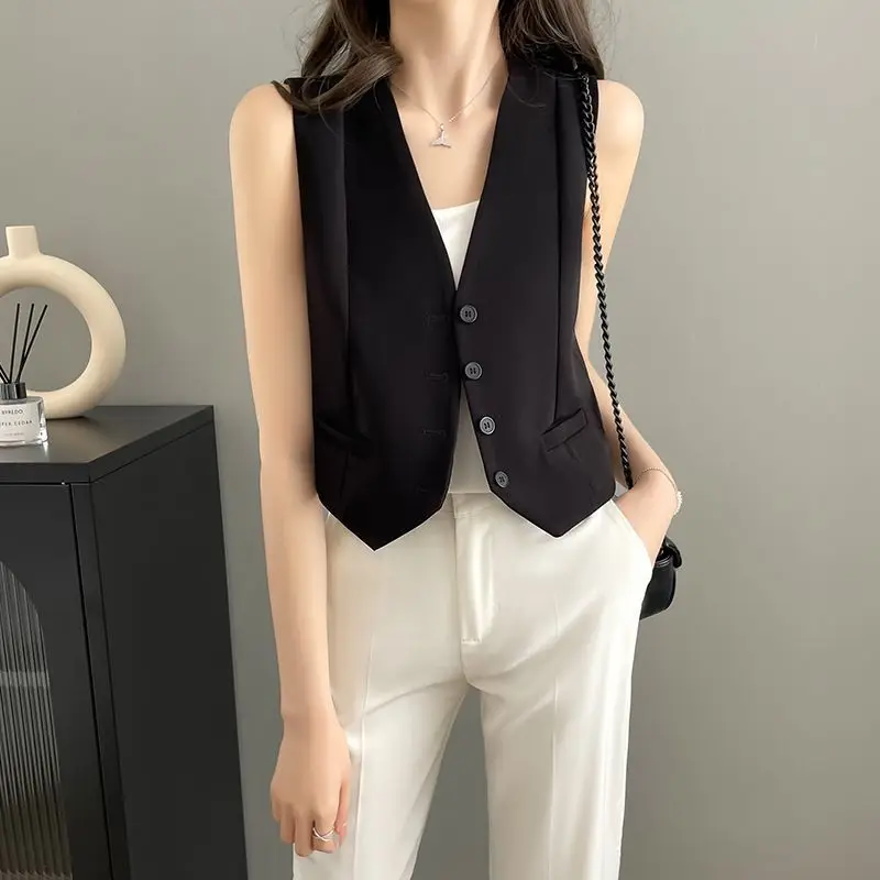 Chic V-neck Vest Women Sleeveless Cardigan Jacket Spring Summer Waistcoat Single-breasted Office Suits Vest Black White New