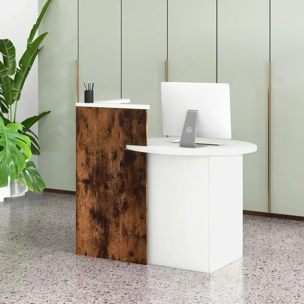 Reception Desk, Front Counter Desk with Lockable Drawer & Adjustable Shelf, Oval Desktop, Retail Counter for Checkout 3