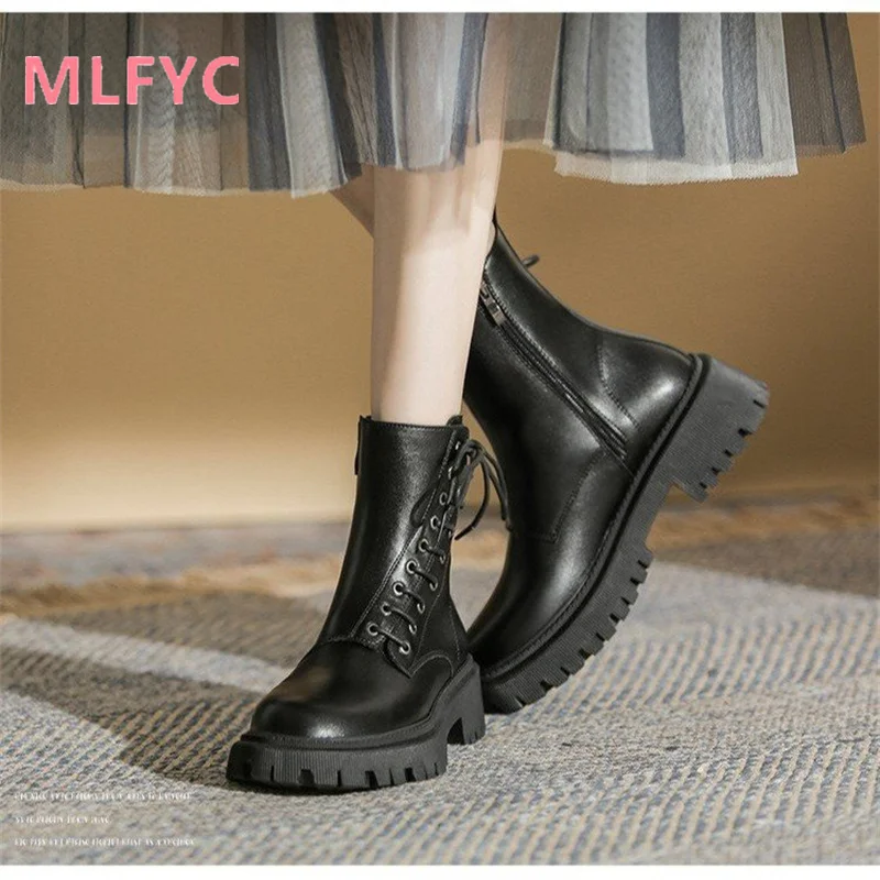 British style women's boots autumn and winter new single boot net red motorcycle slimming thick soles with short heels for women