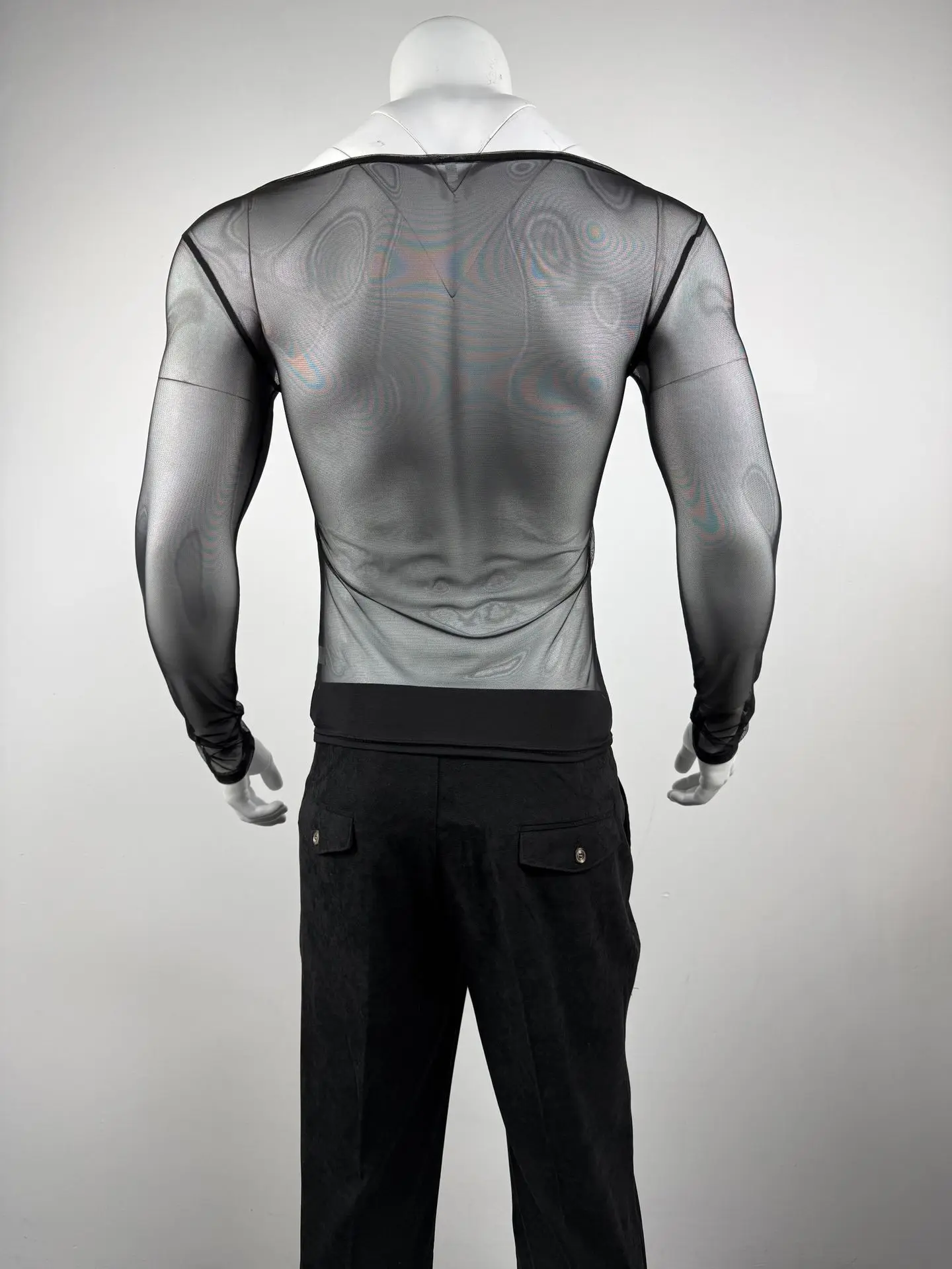Herren Transparentes Mesh Off-Shoulder T-Shirt Durchsichtiges Langarm Slim Fit Muskel-Shirt Nachtclub Party Kleidung Sexy Clubwear Oberteile S-2XL – Detail 22