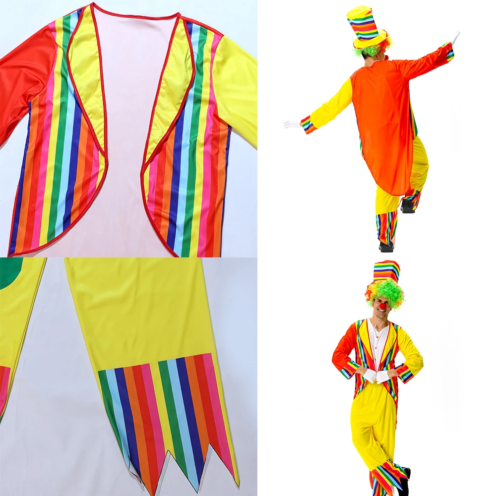 Funny Clown Costume Magic Show Party Cosplay Clothes Top Hat Colored Wig False Nose Entertaining Activities Dress Up
