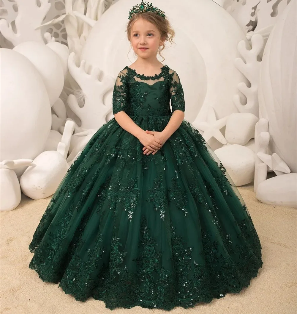 

Flower Girl Dress Green Tulle Lace Long Half Sleeved Sequin Bow Belt Beaded Wedding Flower Child Birthday Communion Party Dress