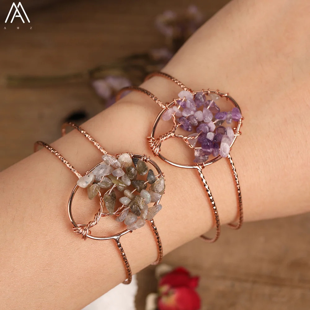 

Tree of Life Bangle Women Jewelry, wire wrap Natural Gemstone Rose Gold Copper Cuff Bracelets for Girl