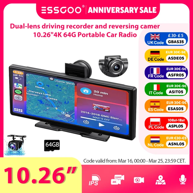 Autoradio Portable 10.26" 4K 64G Écran Tactile Sans Fil Apple CarPlay Android Auto Caméra de Dashcam Bluetooth GPS Navigation WiFi Caméra de Recul Grand Angle AUX FM 1