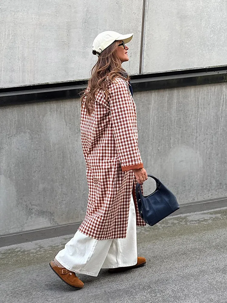 Chic Women's Casual Plaid Windbreaker Jacket with Lapel and Pockets
