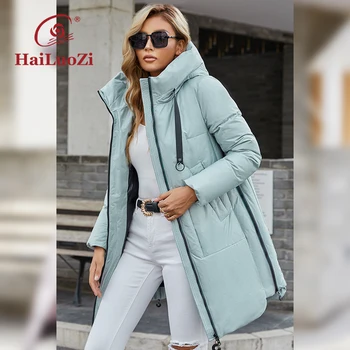 HaiLuoZi nuove donne cappotto lungo e spesso moda cerniera laterale giacca invernale da donna cappuccio Parka di media lunghezza in Bio-cotone di alta qualità 6028 1