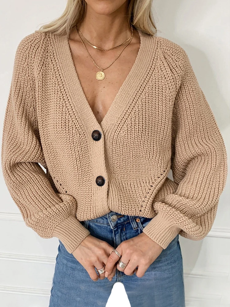 Zoki Women Knitted Cardigans Sweater Fashion Autumn Long Sleeve Loose Coat Casual Button Thick V Neck Solid Female Tops 2022 christmas sweatshirt