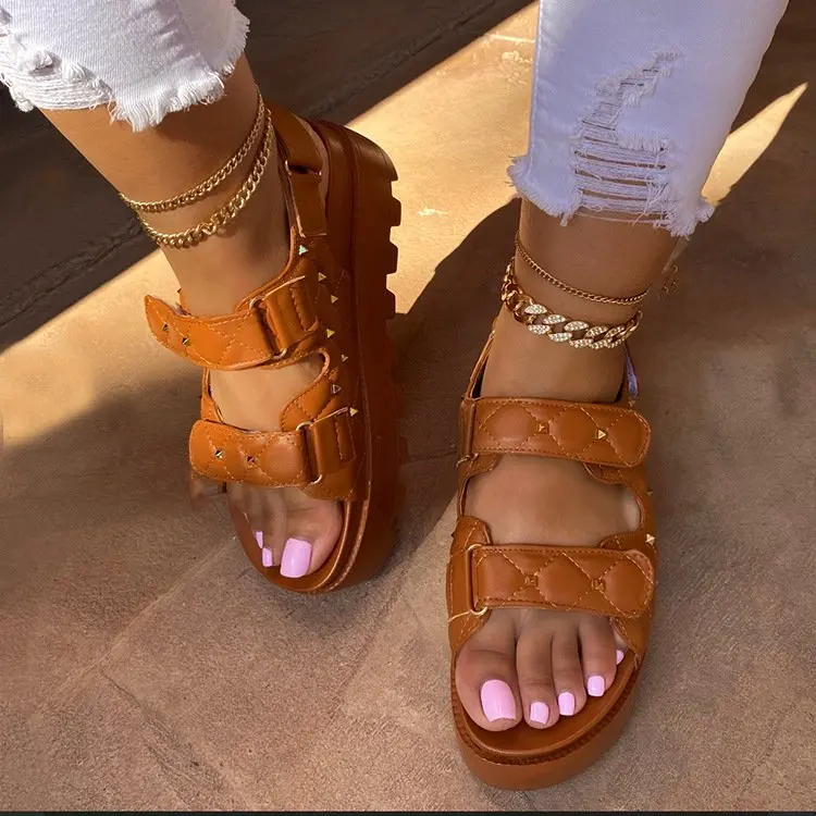 Chanel Tan Leather Strappy Wedge Sandals Heel Flip Flop Open Toe