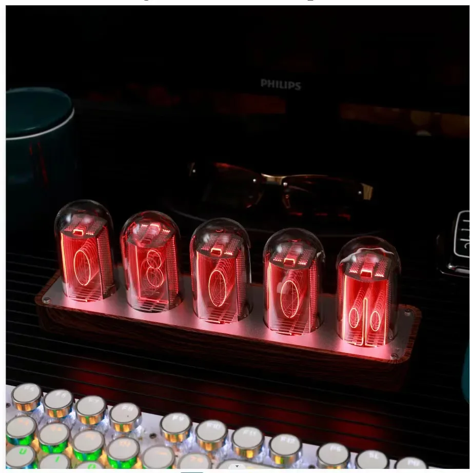 Design of Light Emitting Tube Walnut Electronic Clock Office Table LED Digital Clock Table Clock C five Tube 24X6X8CM  