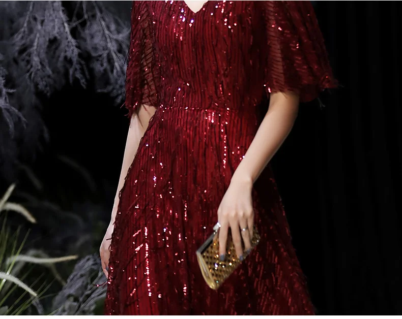 blue ball gown Burgundy Evening Dresses 2021 Elegant V-neck A-line Floor-length Shiny Sequin Prom Gowns With Sleeves women's formal dresses & gowns