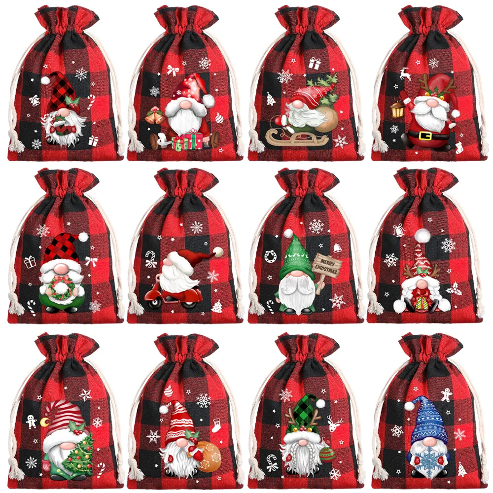 12pcs Set 13*18cm New Christmas Linen Drawstring Gift Bags, Jewelry Gift Bags, Party Drawstring Gift Pouches In Random Patterns