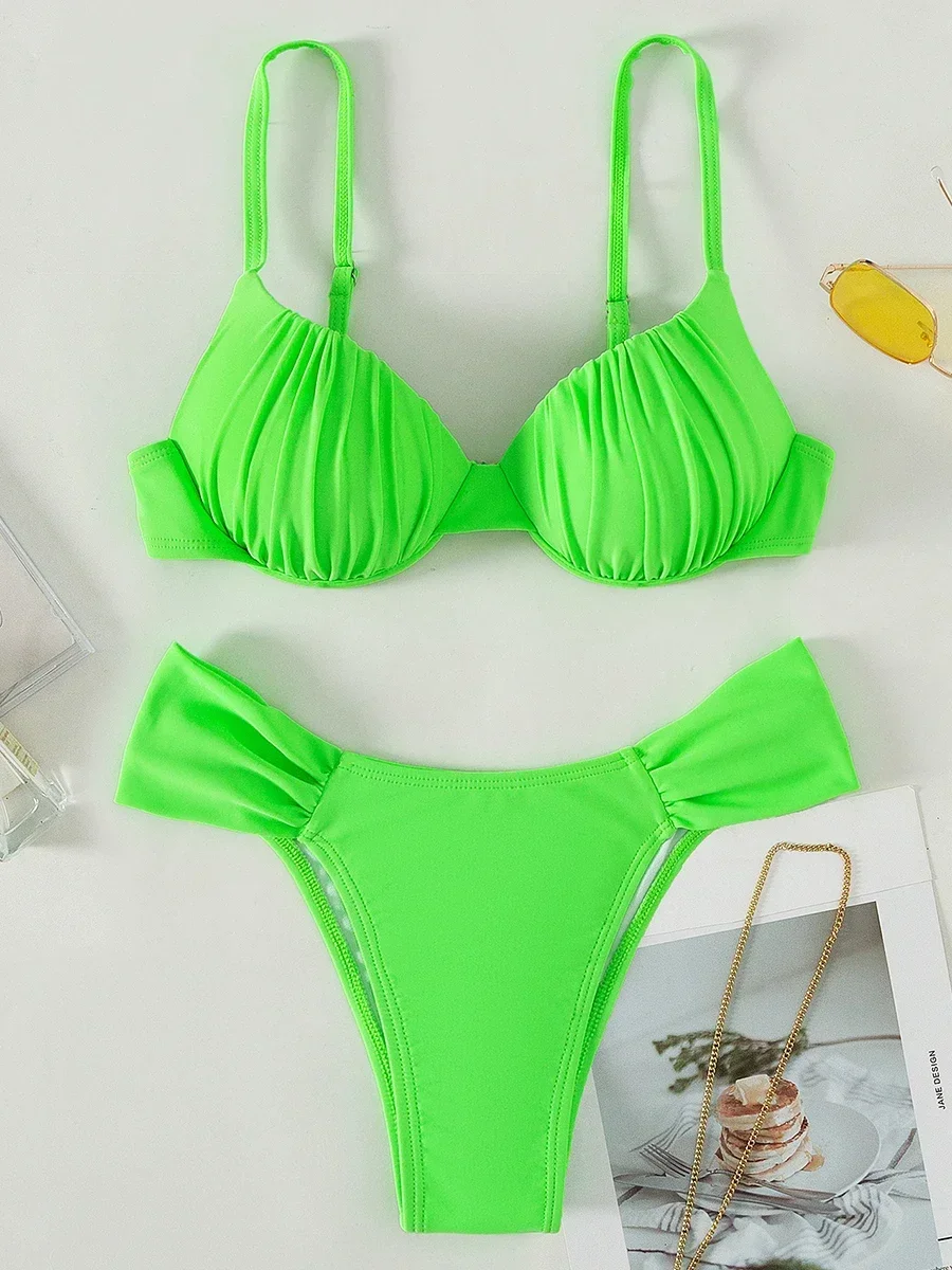 Neon Green Wrinkled Underwired Bra Cup Bikini Female Swimsuit Women Swimwear Two-pieces Bikini set Bather Bathing Suit Swim Lady