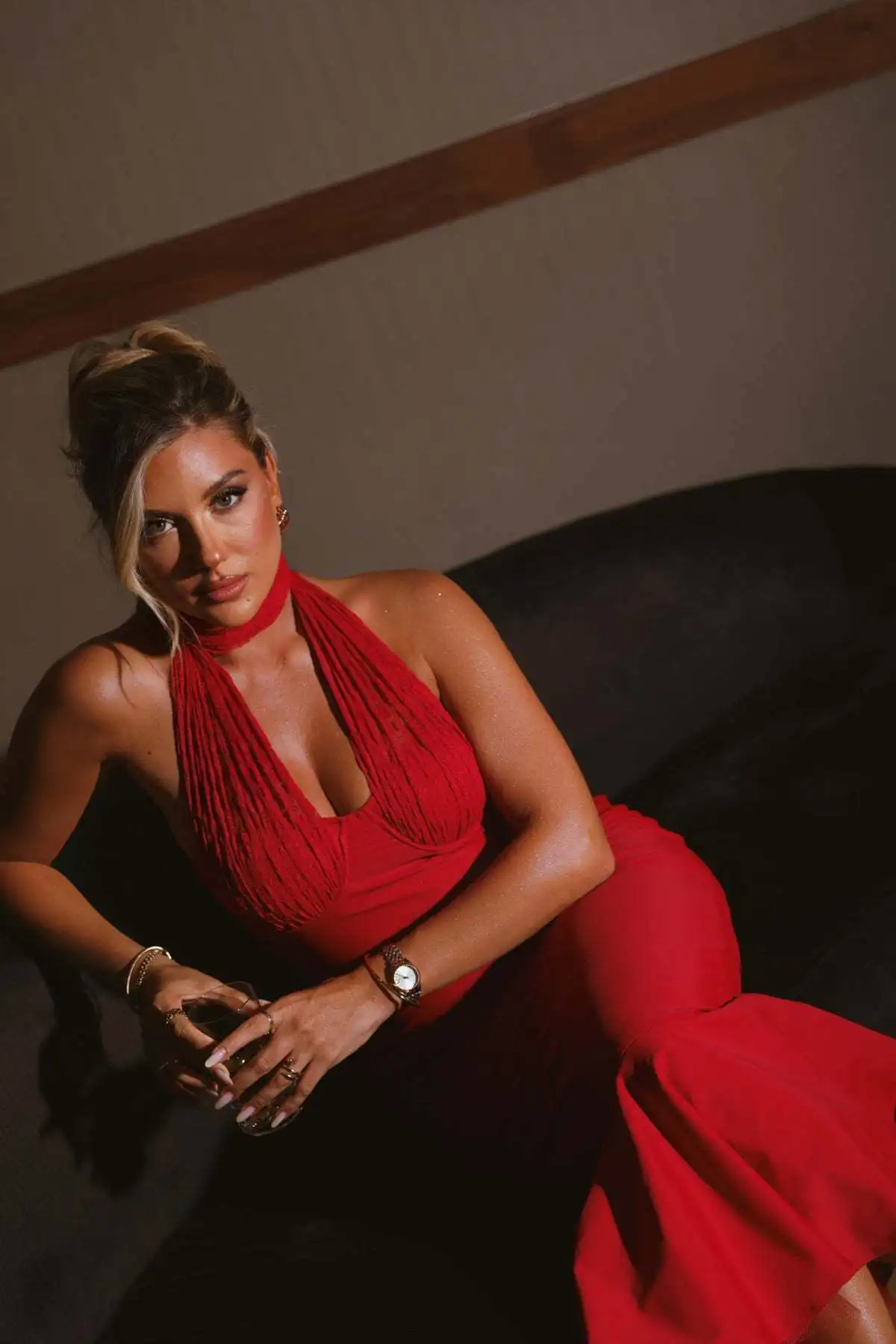 Sexy Hanging Collar Lace Patchwork Deep V Evening Dress Women Elegant Backless Party Club Vestido Autumn/winter New