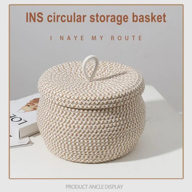 

Cotton Rope Woven Storage Basket With Lid Round Woven Organizer Box For Napkins Sundries Toys Makeup Snacks Towels Keys Laundry