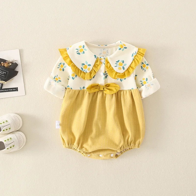 

Korean Autumn Newborn Girls Bodysuit Cotton Floral Knotbow Ruffle Collar Baby Girls Romper Ruched Patchwork Infant Girls Outfits