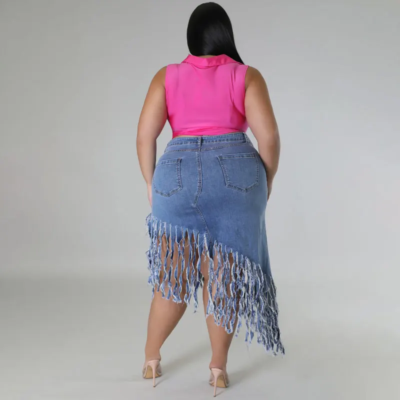 Plus Size Women Fringe Skirts Denim Elegant Party Jean Dress 2023 Spring Casual Robe Fashion Outfit Female Designer Luxury Skirt