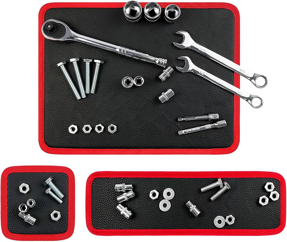 VelmoraMart magnetic tool holder mat securely holding metal hand tools on a workbench.
