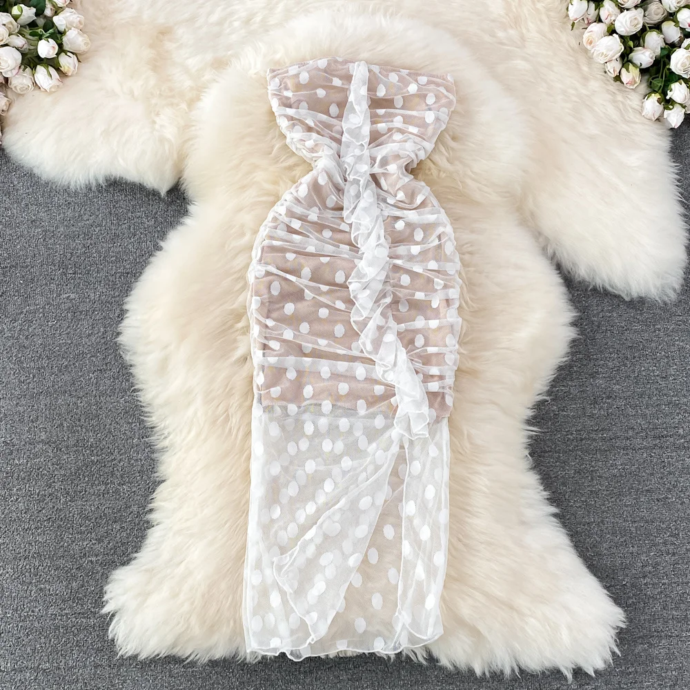 

2022 Summer New Girl Fashion Elegant Strapless Tube Dress Women Sexy Slim Wave Dot Mesh Hip Wrap Slim Dress With Ruffels