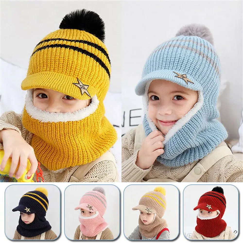 Kids Girls Boys Toddler Baby Winter Warm Hat Hooded Scarf Earflap Knitted Cap