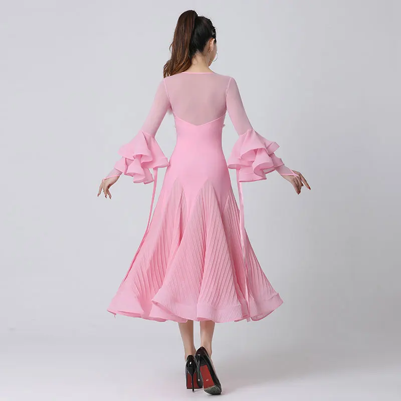Doubl Pink Morden Dance New Ballroom Dance Waltz Dress Dance Suit Practice Dress Long Sleeves