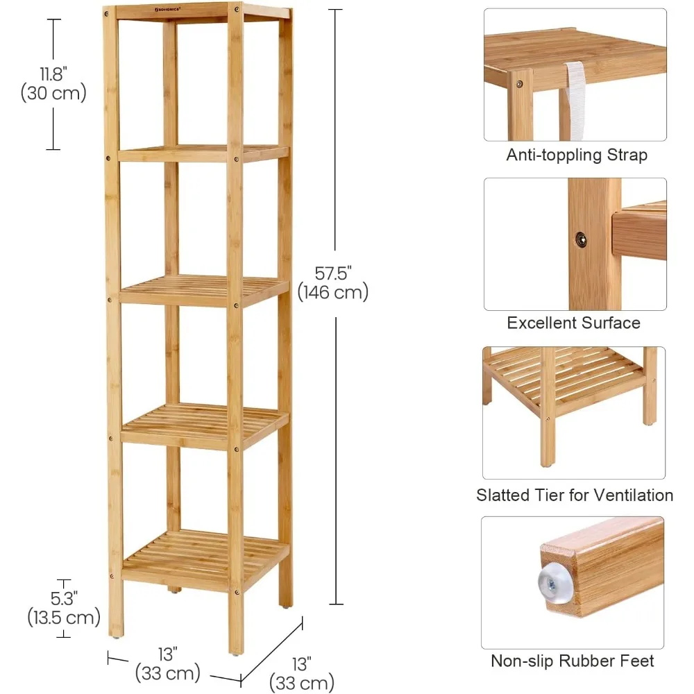 5-Tier Bamboo Bathroom Shelf, Narrow Shelving Unit, Multifunctional Storage Rack, Corner Rack, for Kitchen, Living Room, Bedroom 5